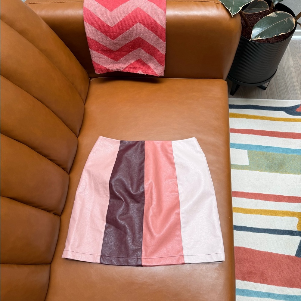 Striped Panel Faux Leather Mini Skirt - Pink Colorblock
